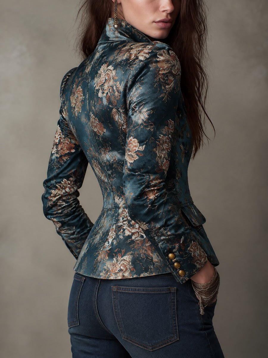 Charlotte | Retro Fitted Floral Brocade Jacket with Stand Collar