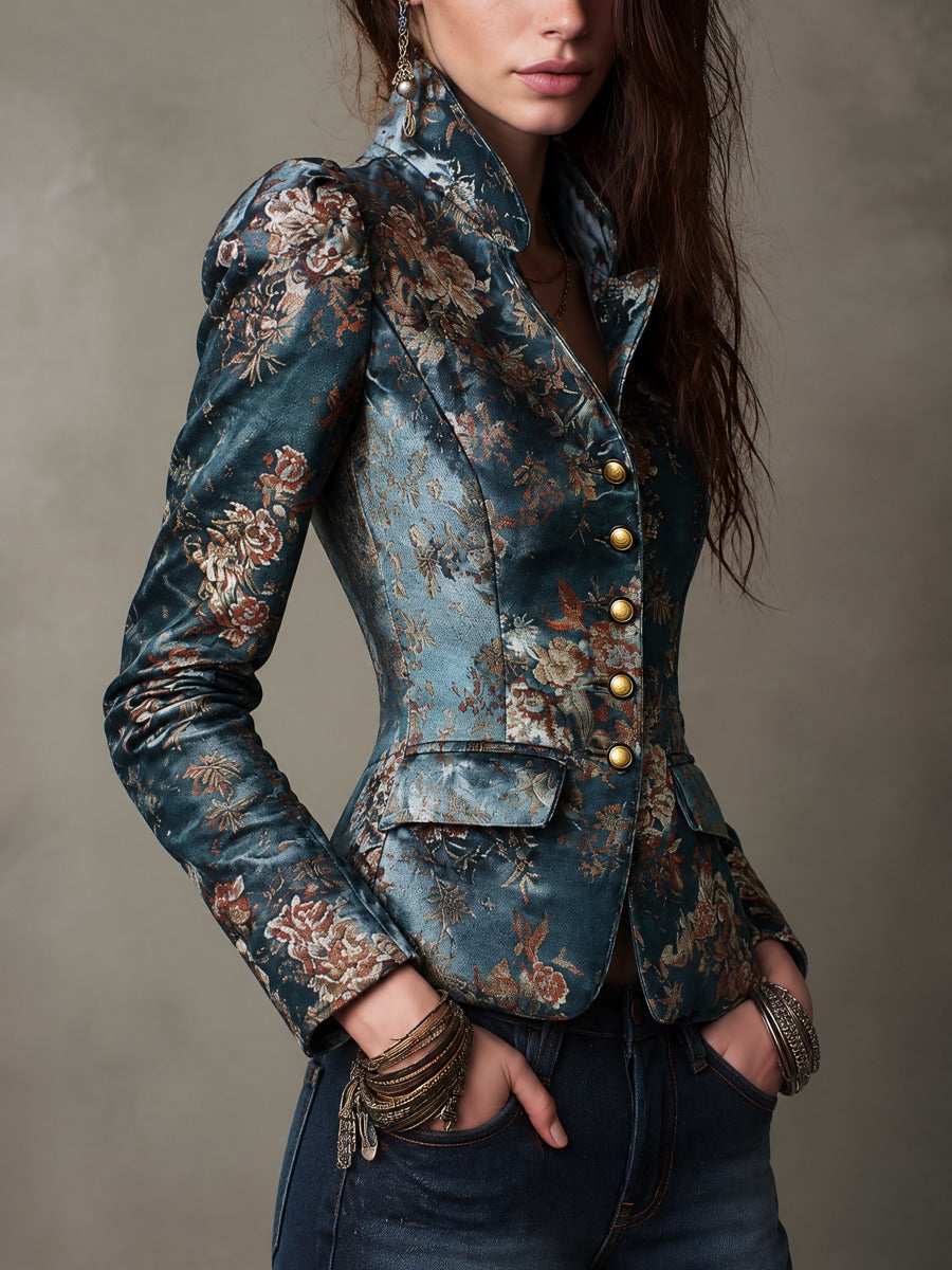 Charlotte | Retro Fitted Floral Brocade Jacket with Stand Collar