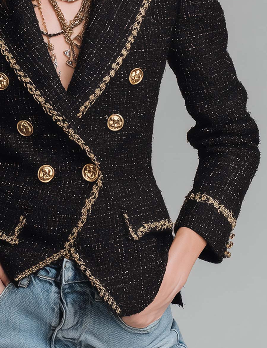 Deborah | Double-Breasted Gold-Trimmed Tweed Jacket