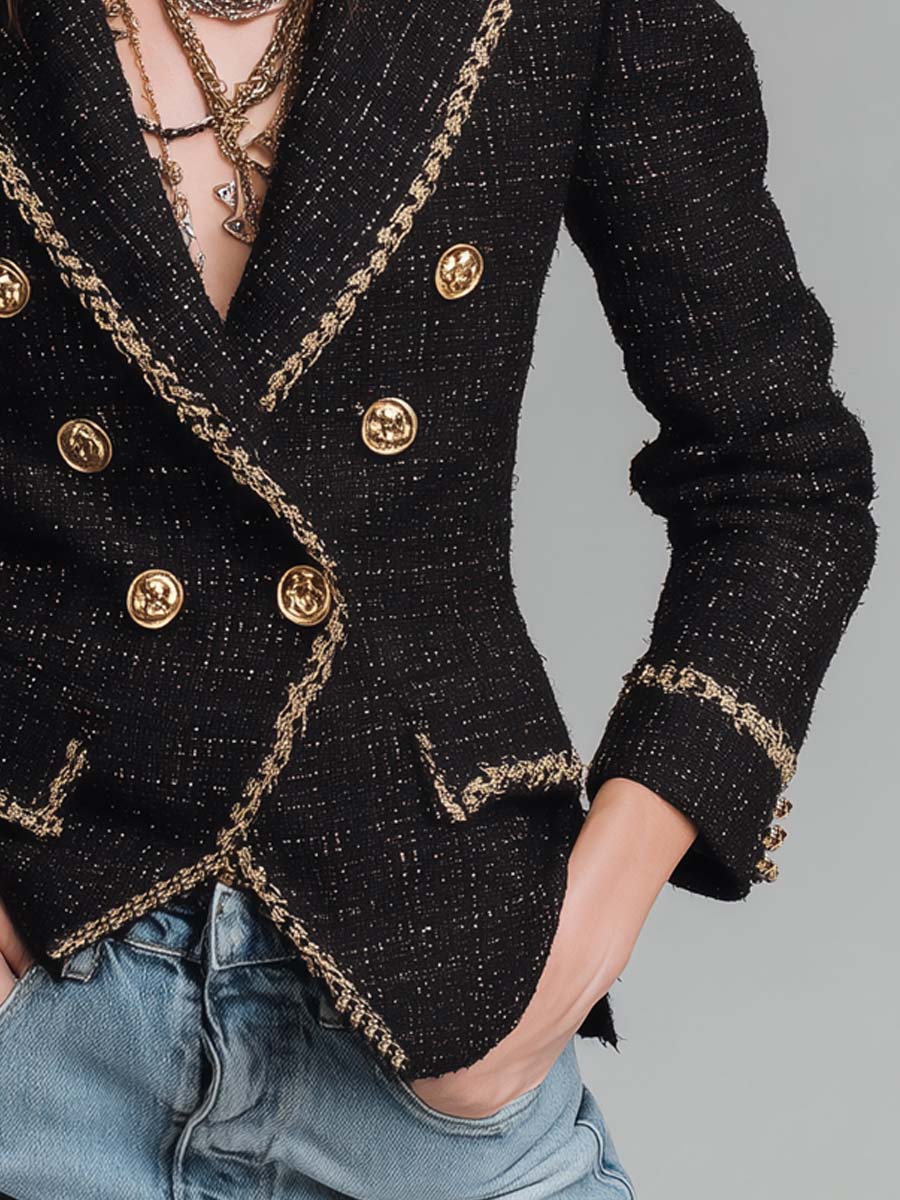 Deborah | Double-Breasted Gold-Trimmed Tweed Jacket