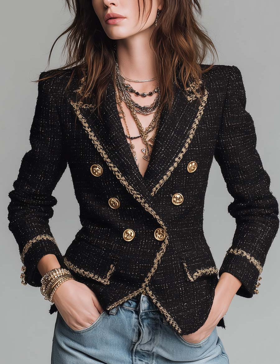 Deborah | Double-Breasted Gold-Trimmed Tweed Jacket