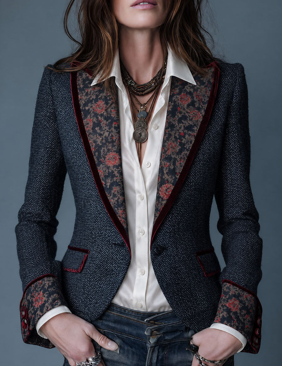 Gemma | Retro Tapestry Denim Blazer with Velvet Floral Trim