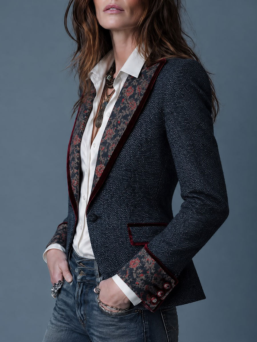 Gemma | Retro Tapestry Denim Blazer with Velvet Floral Trim