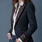 Gemma | Retro Tapestry Denim Blazer with Velvet Floral Trim