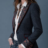 Gemma | Retro Tapestry Denim Blazer with Velvet Floral Trim