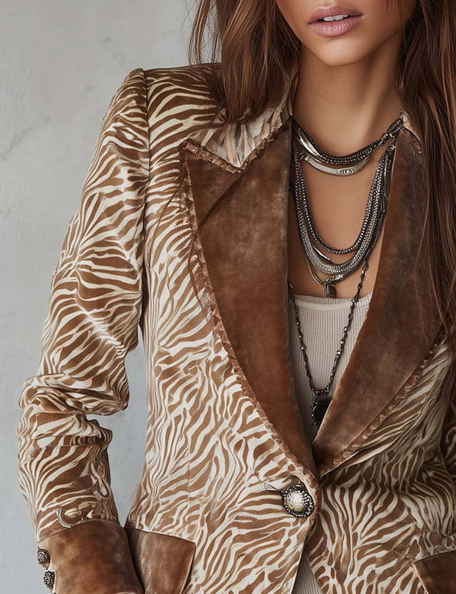 Gillian | Retro Zebra Print Faux Suede Blazer with Velvet Collar