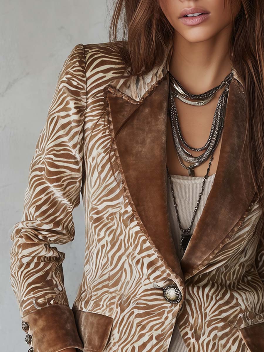 Gillian | Retro Zebra Print Faux Suede Blazer with Velvet Collar