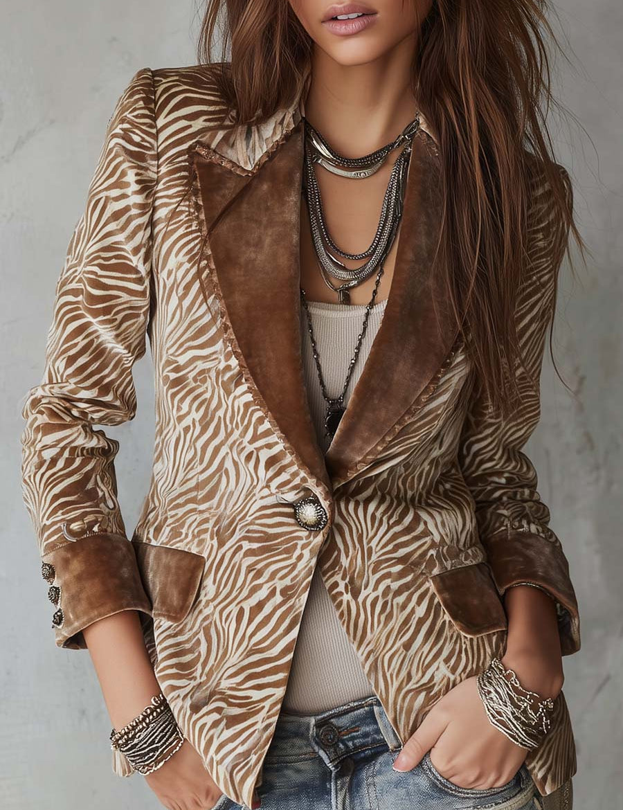 Gillian | Retro Zebra Print Faux Suede Blazer with Velvet Collar