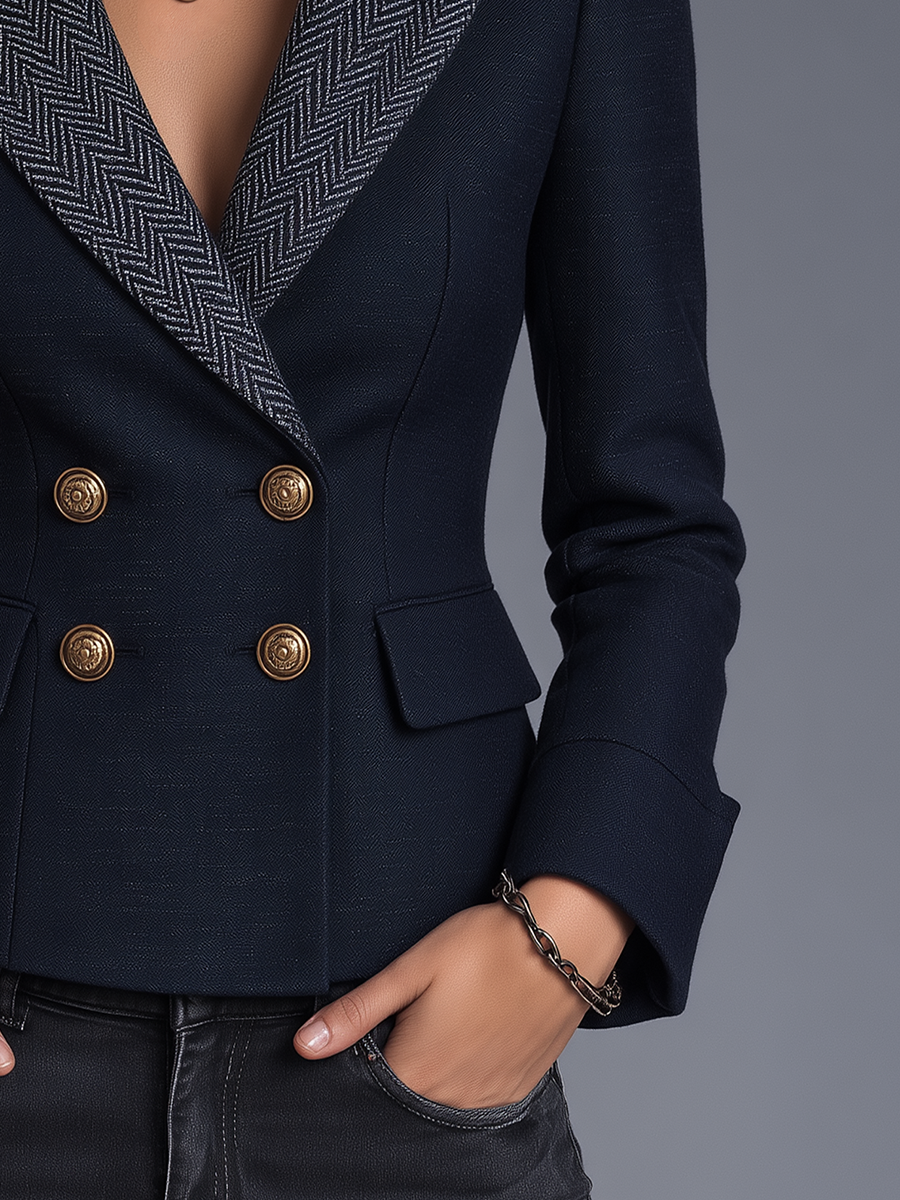 Diana | Blue Tailored Herringbone Double-Breasted Jacket
