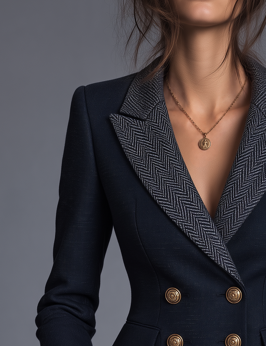 Diana | Blue Tailored Herringbone Double-Breasted Jacket