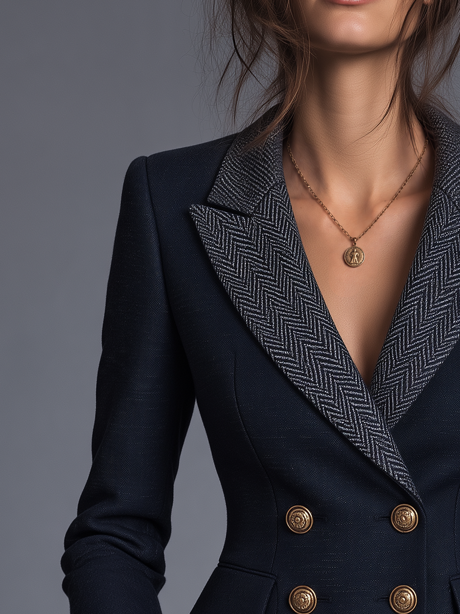 Diana | Blue Tailored Herringbone Double-Breasted Jacket