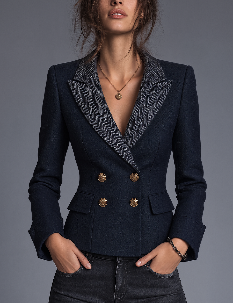 Diana | Blue Tailored Herringbone Double-Breasted Jacket