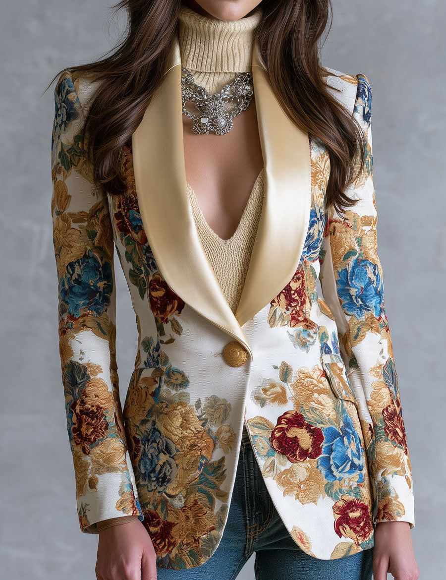 Edwina | Bohemian Floral Single-Button Jacket with Satin Collar