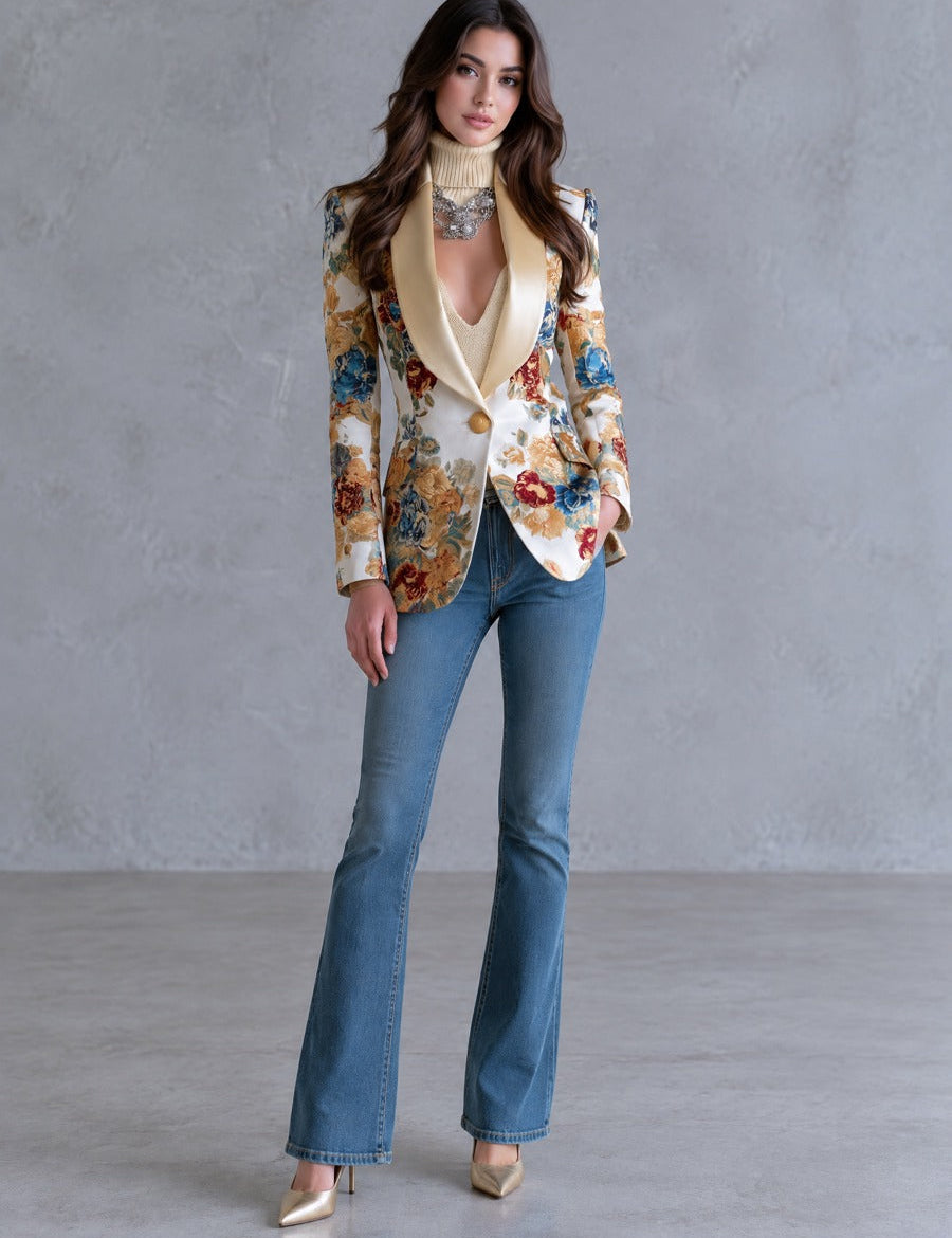 Edwina | Bohemian Floral Single-Button Jacket with Satin Collar