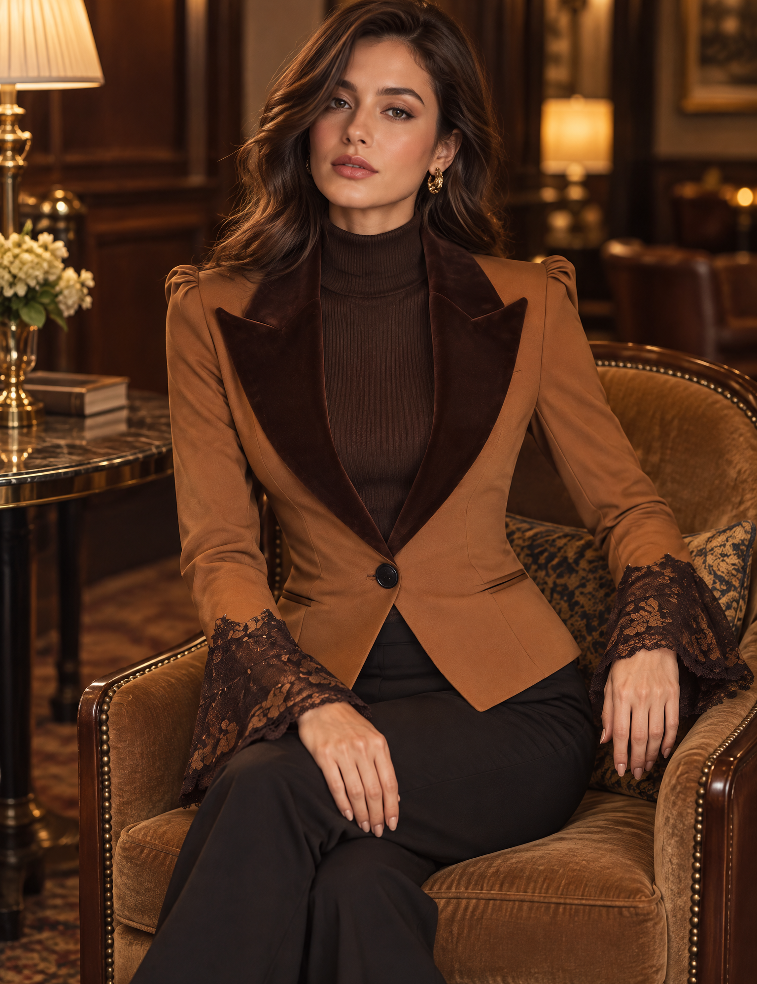 Doreen | Retro Slim-Fit Velvet Jacket with Lapels and Lace