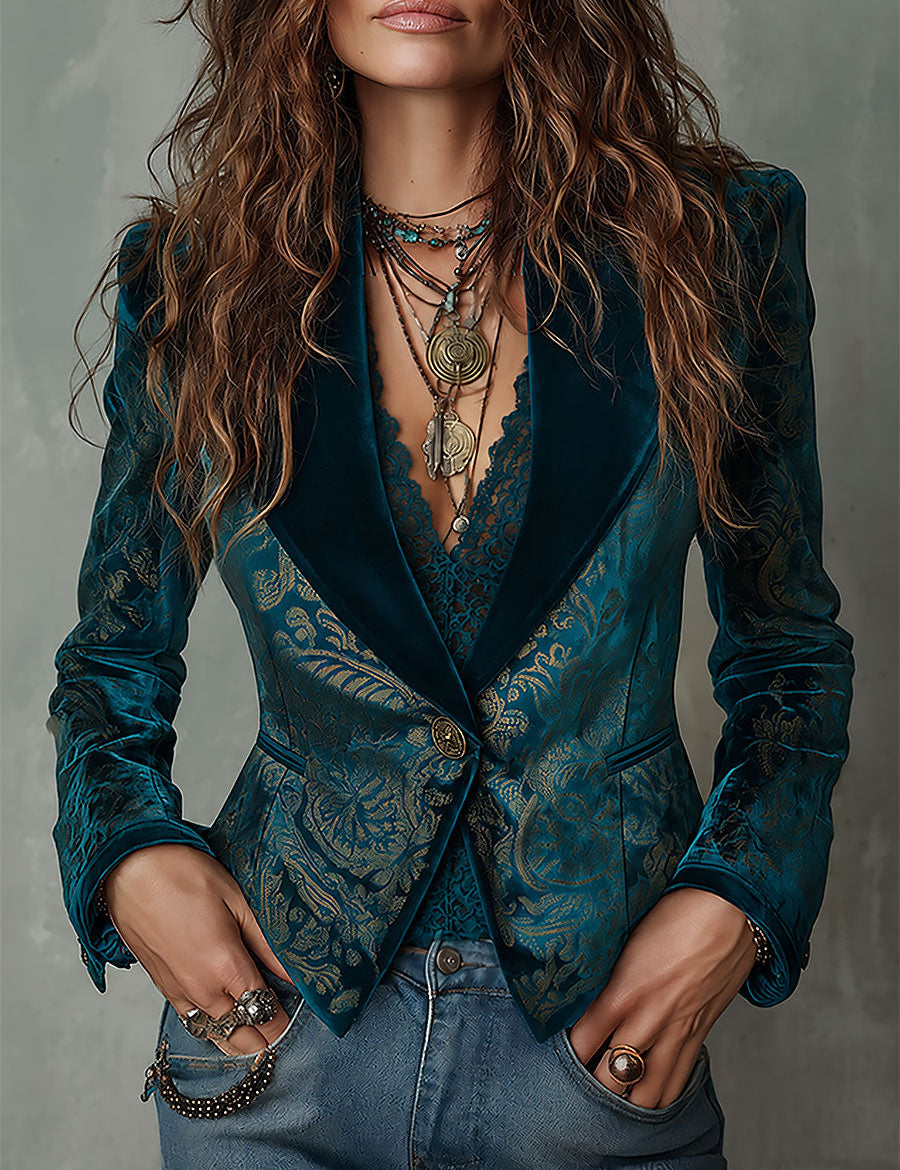 Gwendolen | Retro Turquoise and Gold Blazer with Satin Lapels