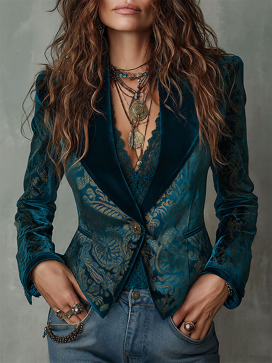 Gwendolen | Retro Turquoise and Gold Blazer with Satin Lapels