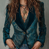 Gwendolen | Retro Turquoise and Gold Blazer with Satin Lapels