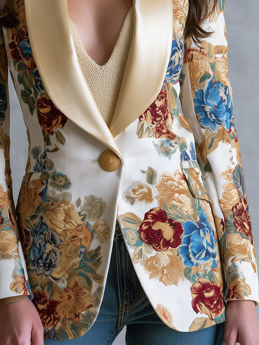 Edwina | Bohemian Floral Single-Button Jacket with Satin Collar
