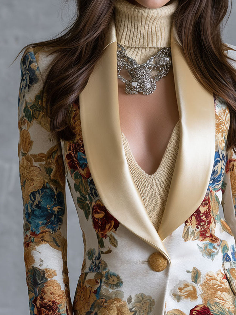 Edwina | Bohemian Floral Single-Button Jacket with Satin Collar