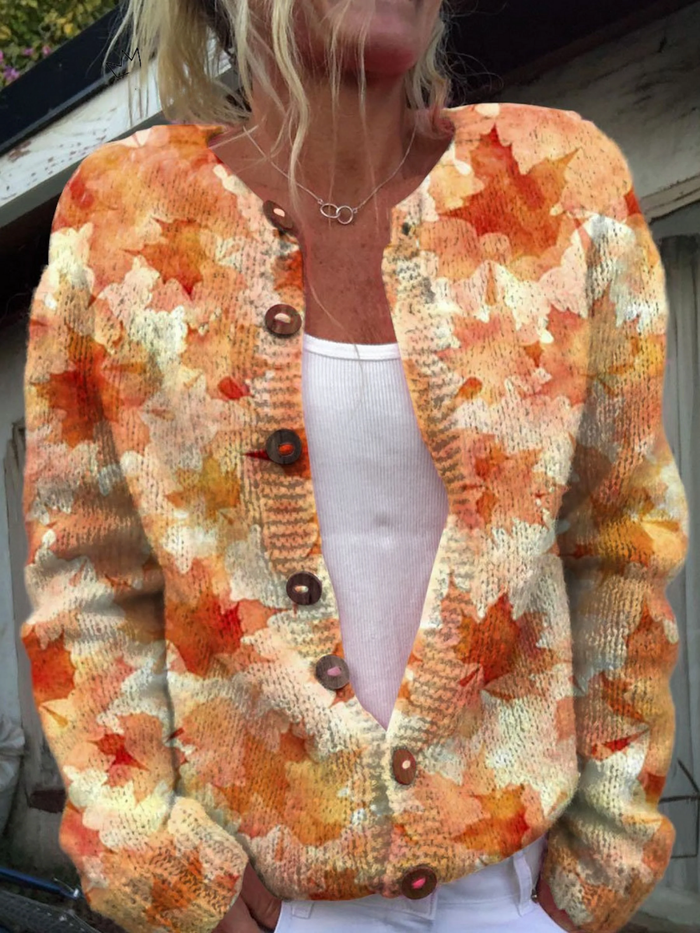 Ada | Button-Up Knitted Jacket with Maple Leaf Design