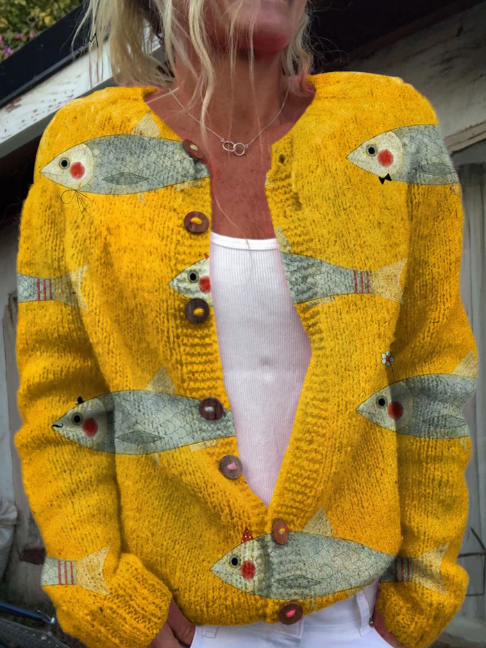 Amber | Vintage Button-Up Knit Cardigan with Artistic Fish and Sardine Design
