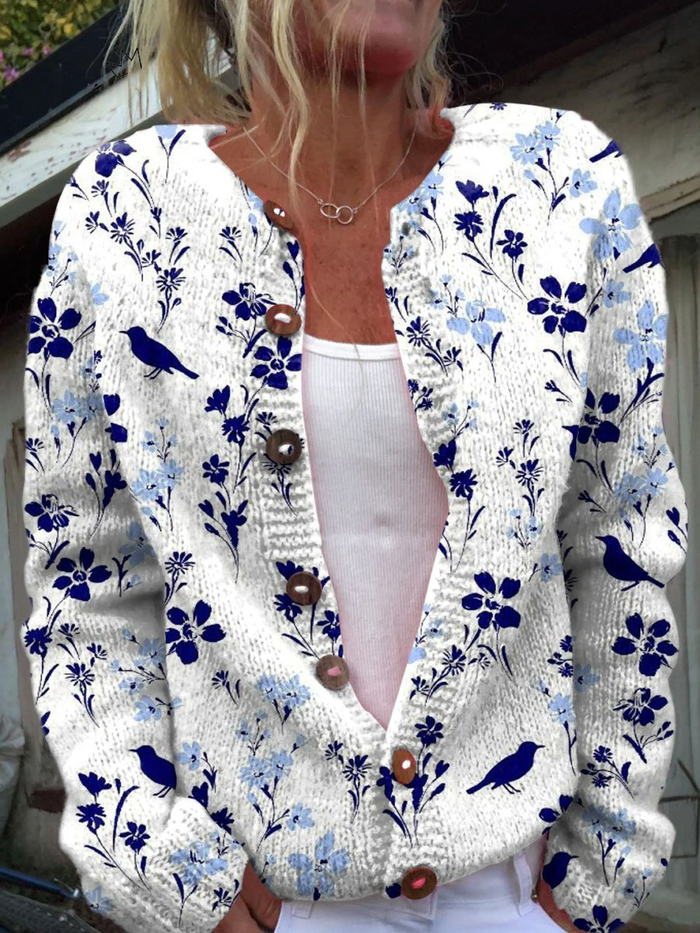 Elizabeth | Vintage Button-Up Knit Cardigan with Blue Floral Design