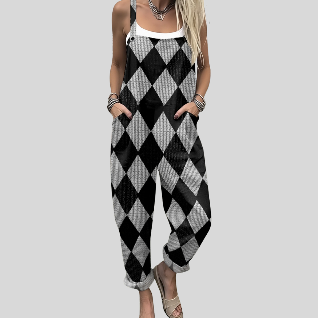 Georgina | Black and White Harlequin Dungarees