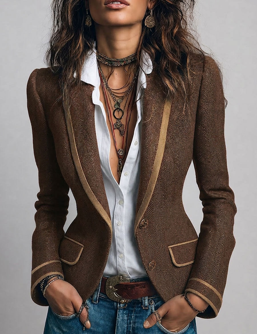 Anne | Retro Herringbone Jacket with Contrast Details