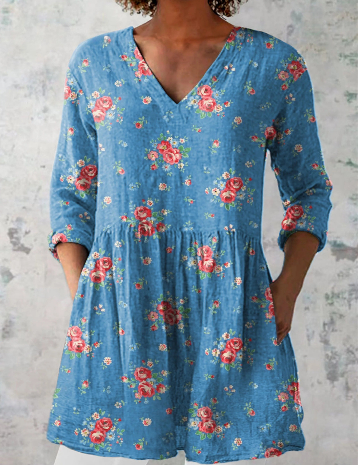 Michelle | Blue Long V-Neck Blouse