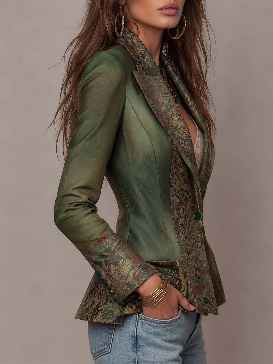 Amelia | Fitted Olive Green Blazer with Vintage Floral Tapestry Lapels and Cuffs