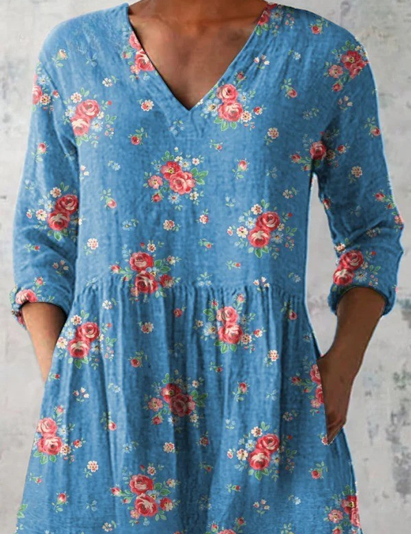 Michelle | Blue Long V-Neck Blouse