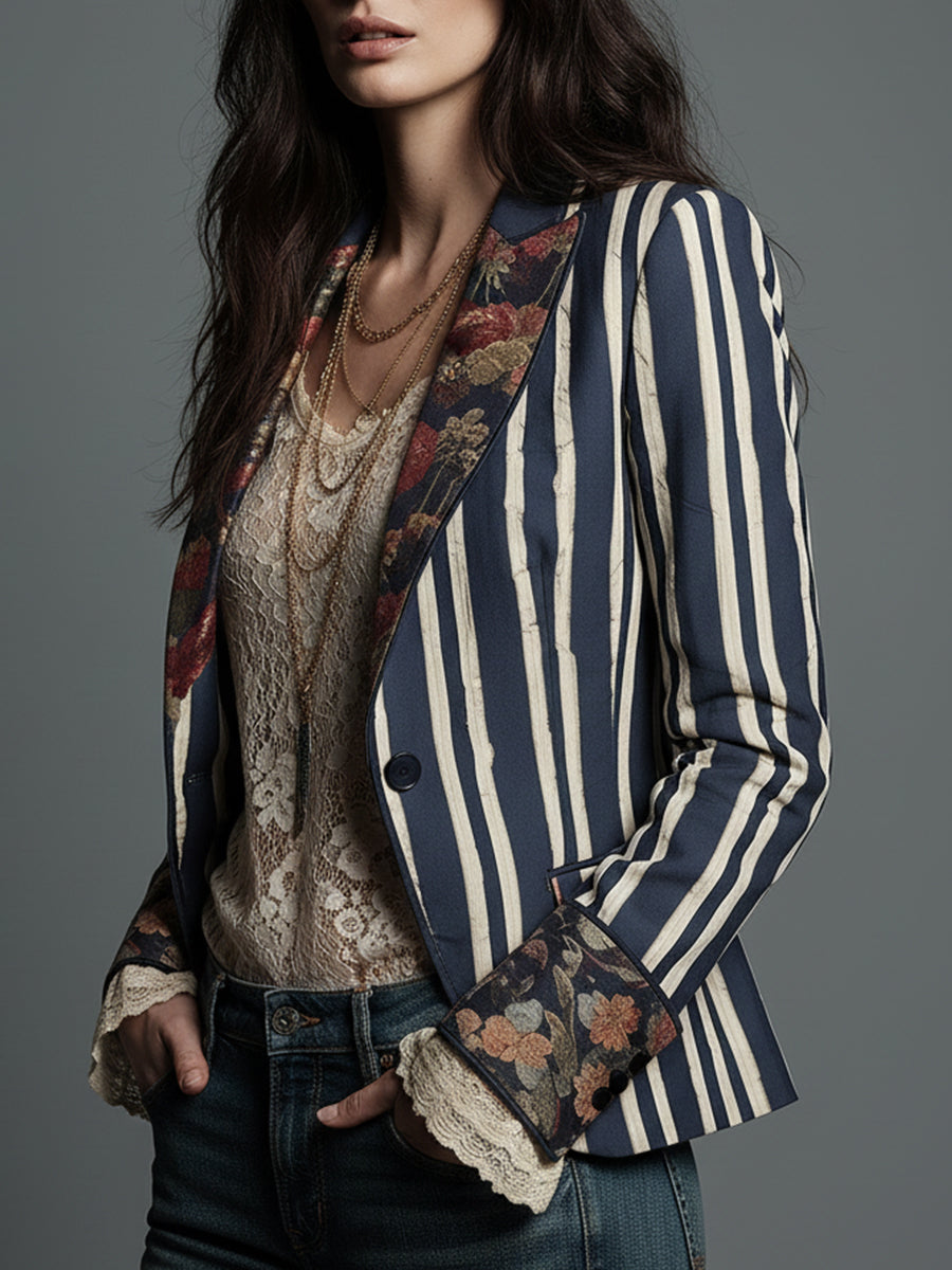 Anna | Striped Floral Cotton-Linen Blazer