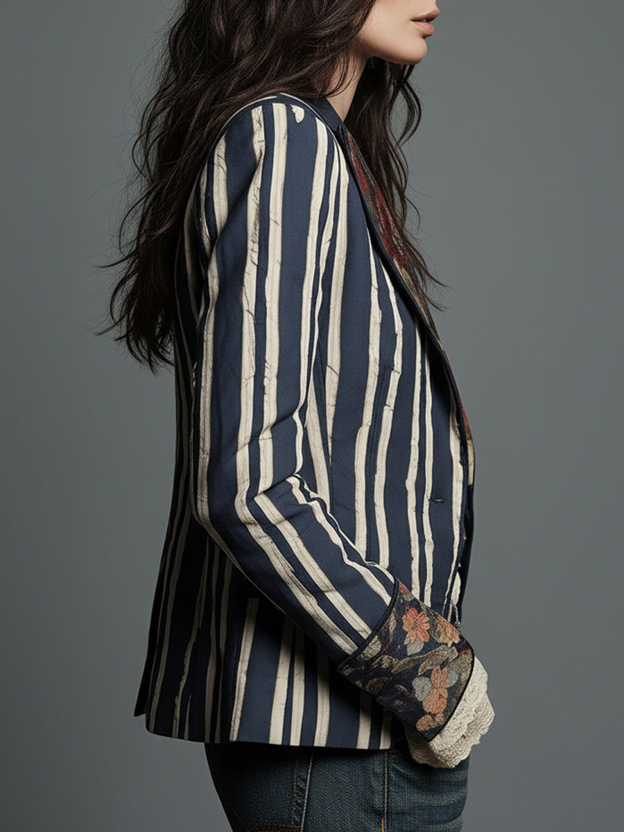 Anna | Striped Floral Cotton-Linen Blazer
