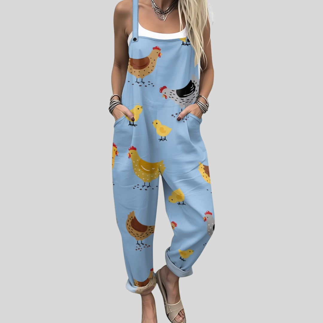 Rosalind | Light Blue Hen Print Dungarees