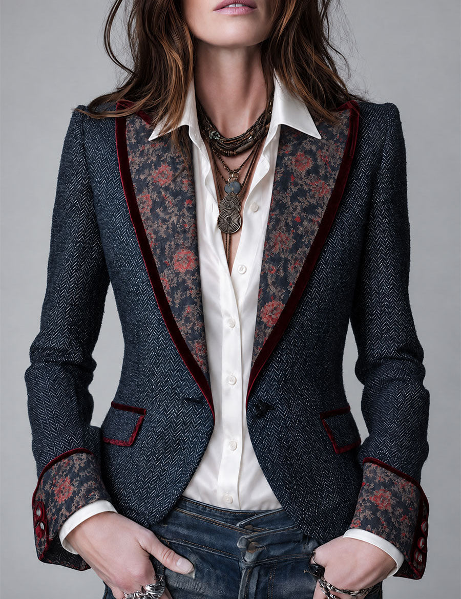Gemma | Retro Tapestry Denim Blazer with Velvet Floral Trim