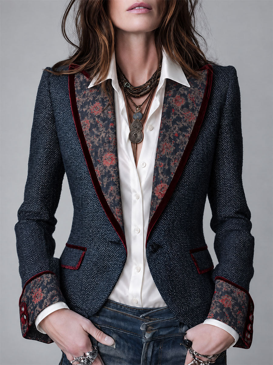 Gemma | Retro Tapestry Denim Blazer with Velvet Floral Trim
