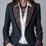 Gemma | Retro Tapestry Denim Blazer with Velvet Floral Trim