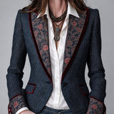 Gemma | Retro Tapestry Denim Blazer with Velvet Floral Trim