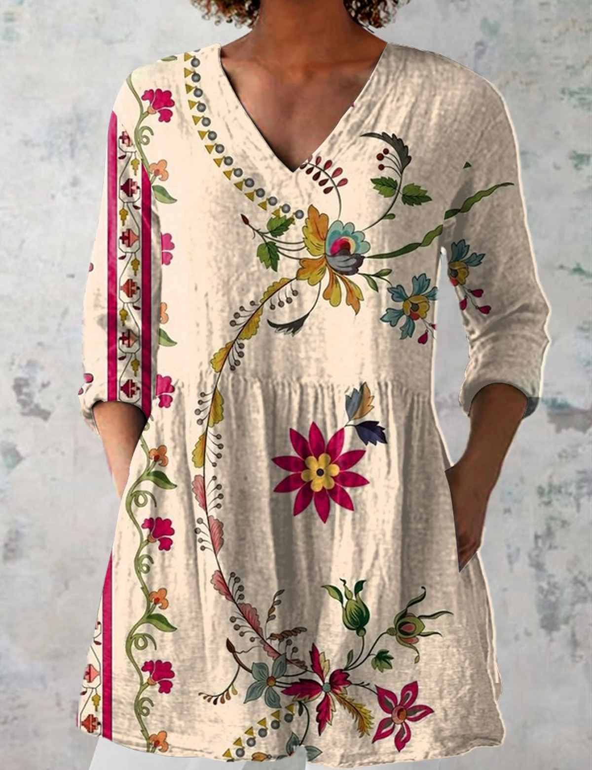 Alice | Beige Long V-Neck Blouse