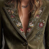 Blanche | Olive Velvet Blazer with Floral Embroidery