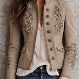 Angela | Retro Beige Stand-Collar Jacket with Floral Design