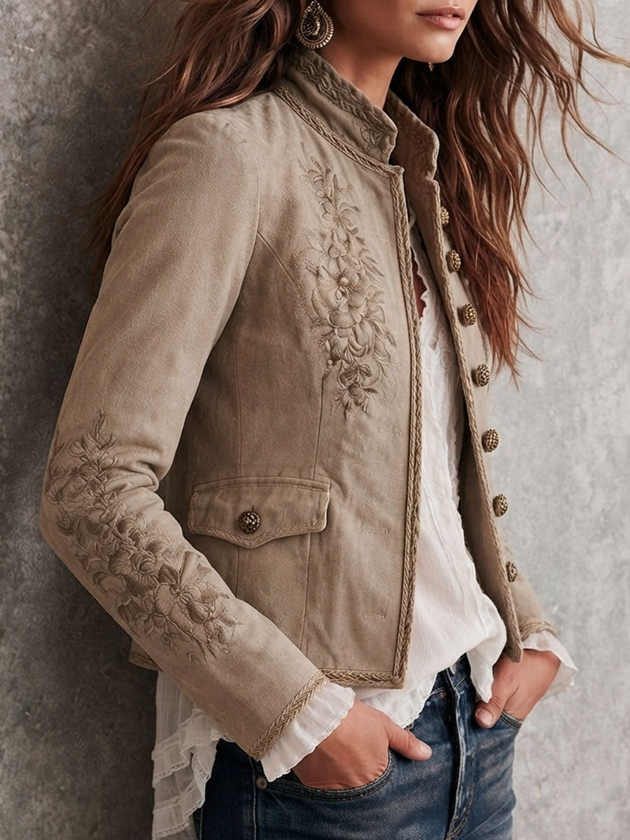 Angela | Retro Beige Stand-Collar Jacket with Floral Design