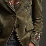 Blanche | Olive Velvet Blazer with Floral Embroidery