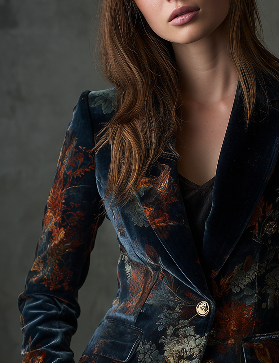 Chloe | Retro Floral Velvet Blazer with Metal Buttons