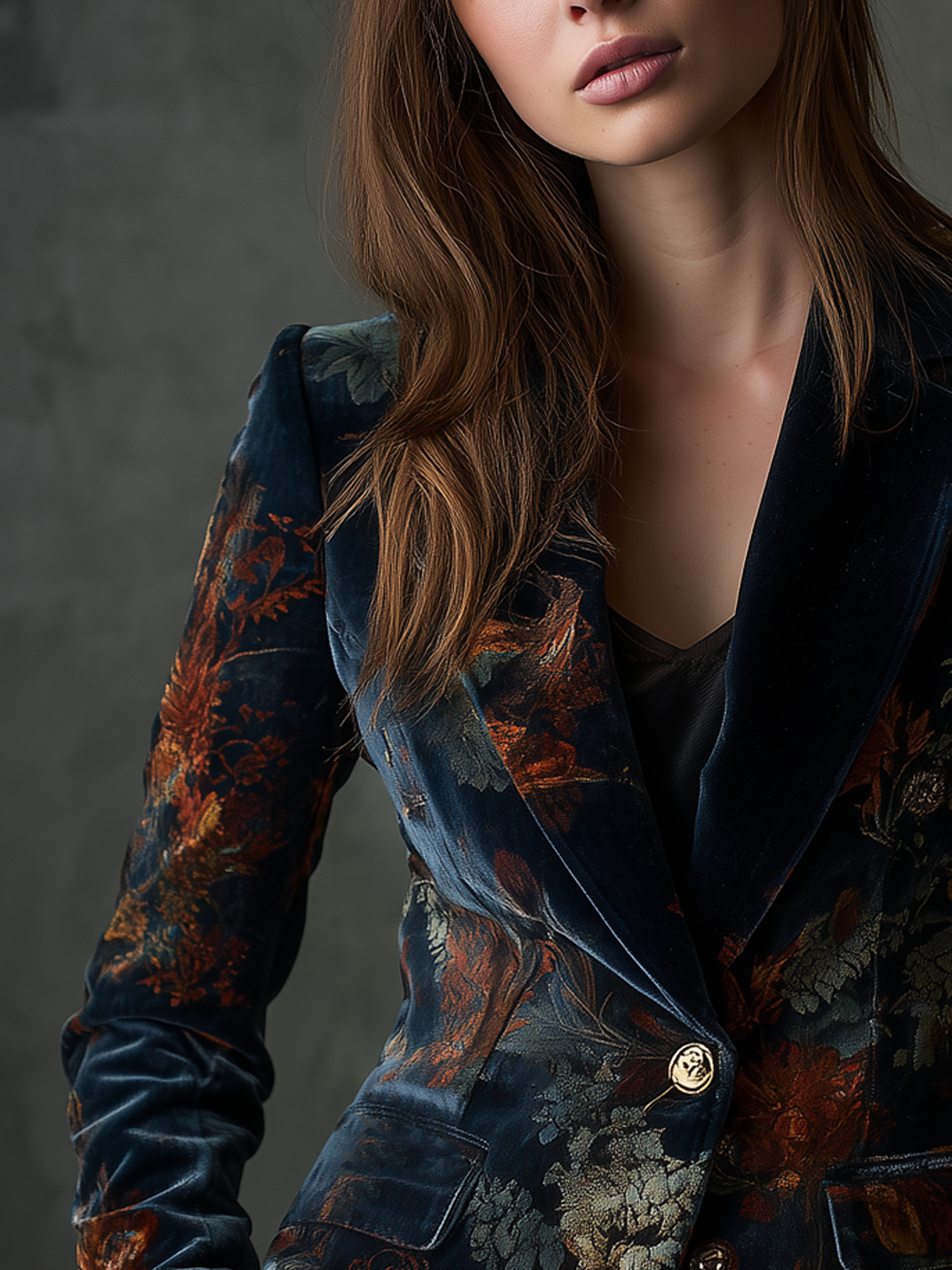 Chloe | Retro Floral Velvet Blazer with Metal Buttons