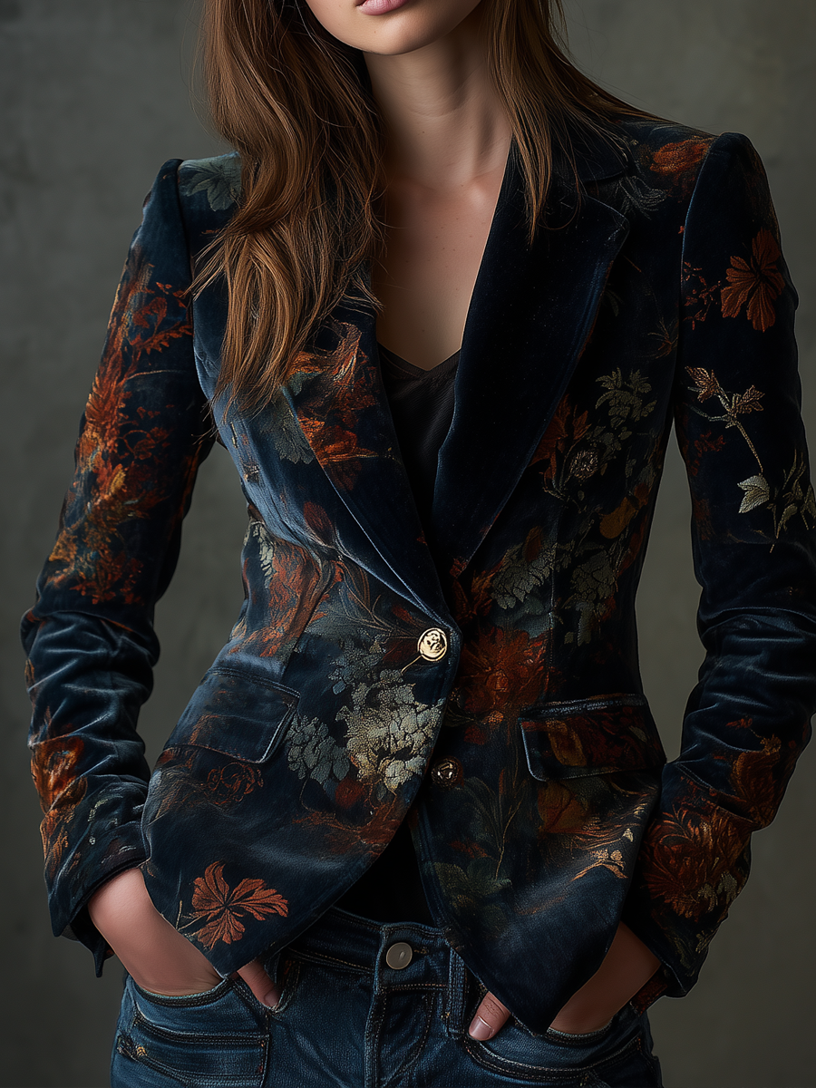 Chloe | Retro Floral Velvet Blazer with Metal Buttons