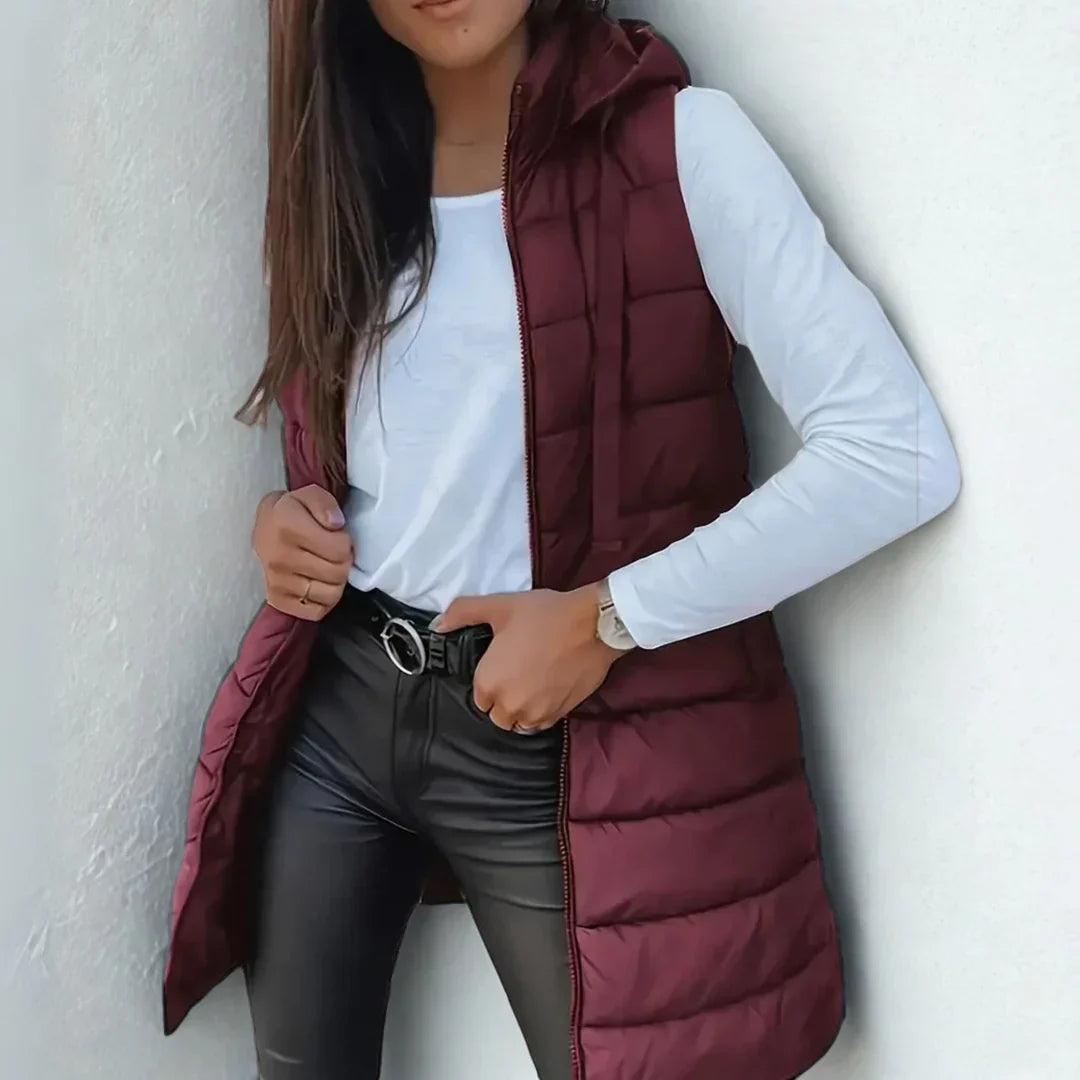 Edith | Long Sleeveless Hooded Gilet in Nine Colours