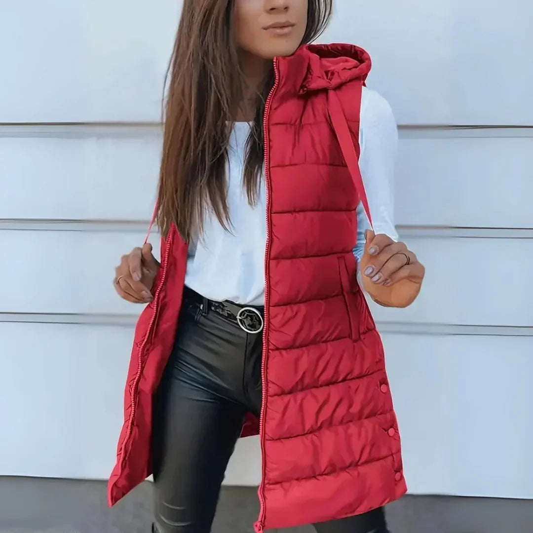 Edith | Long Sleeveless Hooded Gilet in Nine Colours