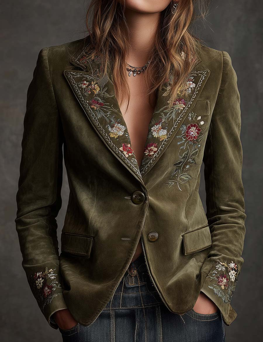 Blanche | Olive Velvet Blazer with Floral Embroidery